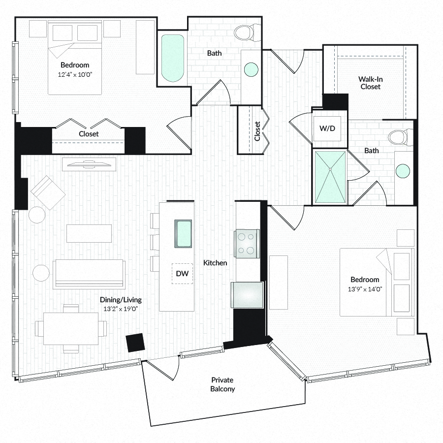 Floor plan for 2 beds, 2 baths, 1210 sqft